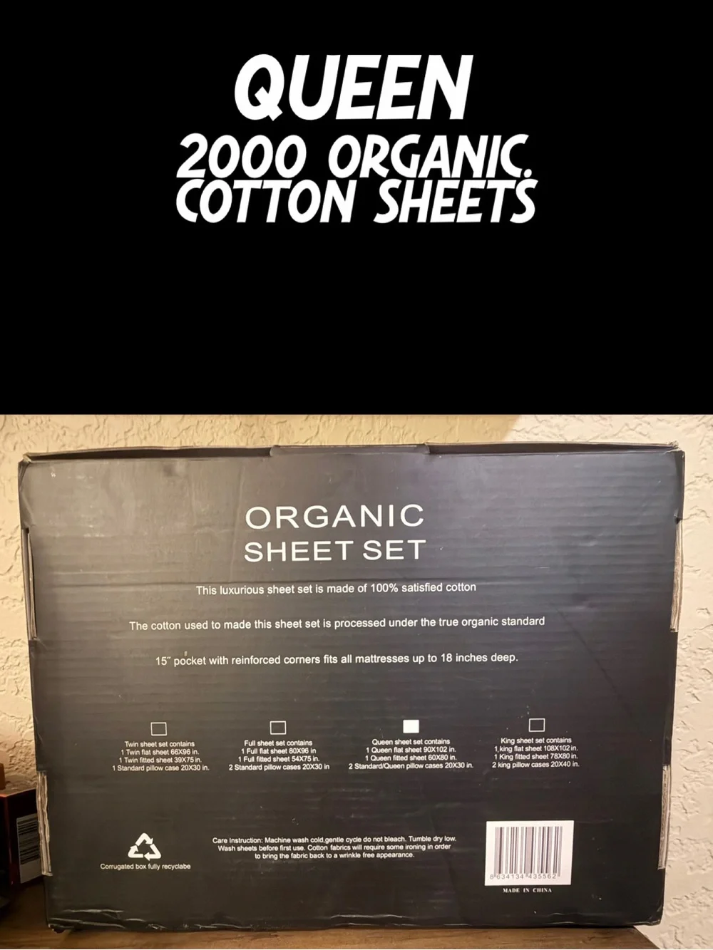 NIB 4 PC 2000 ORGANIC COTTON SHEET SET - QUEEN